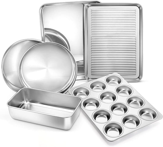 Vesteel 6-Piece Nonstick Bakeware Set, Stainless Steel Baking Pans Set for Oven, Include 8 inches Round Cake Pan/Rectangle Baking Cookie Sheet/Muffin/Loaf Pan, Non-Toxic & Heavy Duty, Dishwasher Safe
