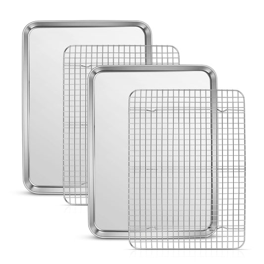 Vesteel Baking Sheets and Racks Set of 4, Stainless Steel Extra Large Rectangle Baking Cookie Sheet Oven Tray and Cooling Grid Rack - 17.7" x 13" x 1"