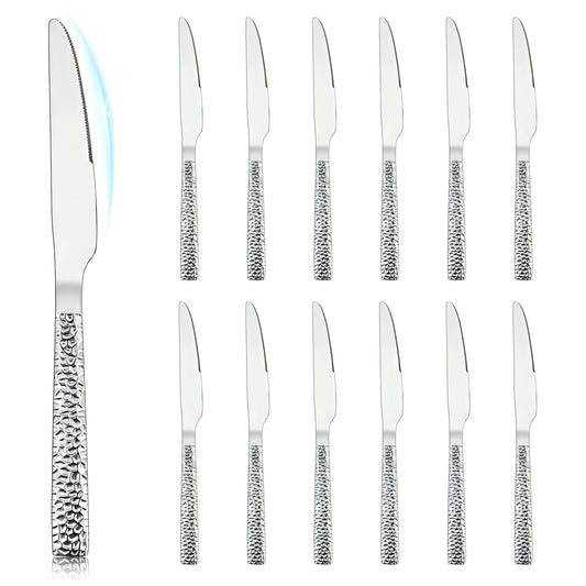 Vesteel Dinner Knives Set of 12, 8.9 inch Stainless Steel Hammered Table Cutlery Knife Set, Mirror Finish & Dishwasher Safe