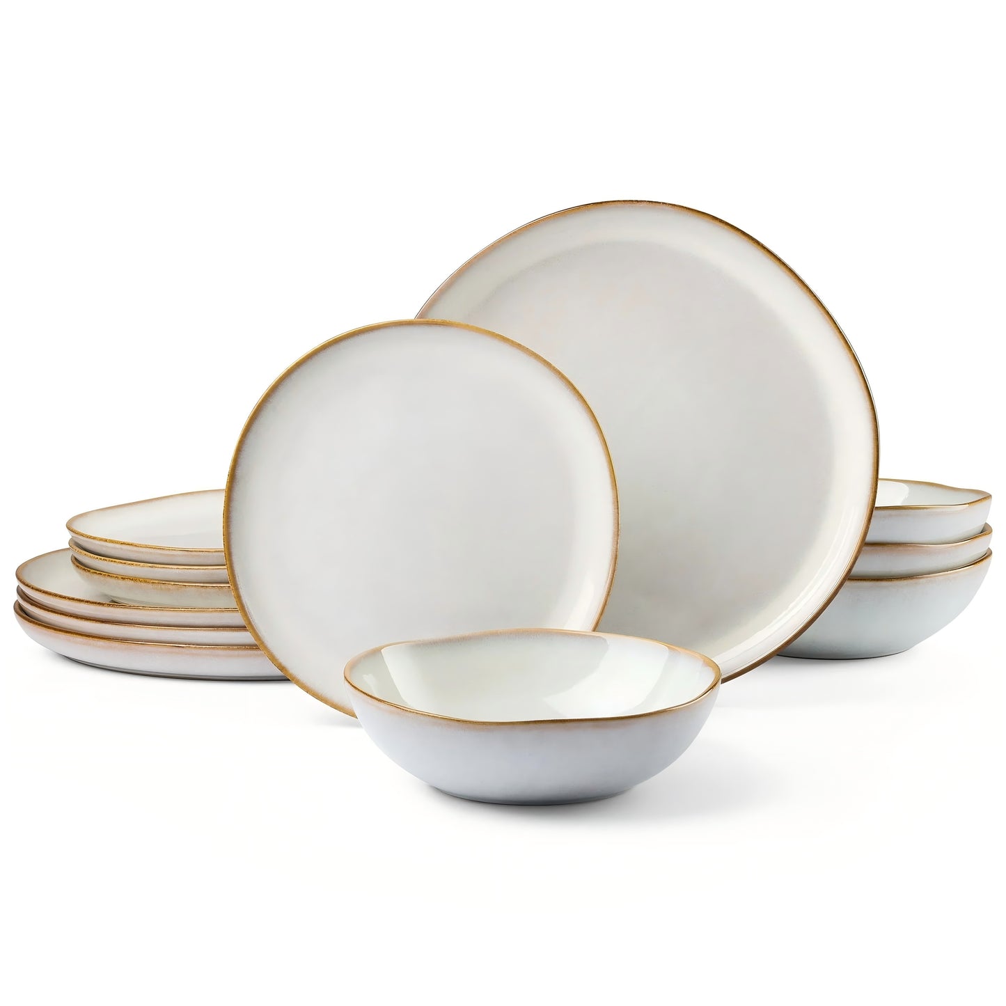 Vesteel Dinnerware Set for 4, 12 Pieces Premium Stoneware Plates and Bowls Set, Handmade Reactive Glaze Dishes for Home, Chip & Scratch Resistant, Microwave and Dishwasher Safe - Pearl White