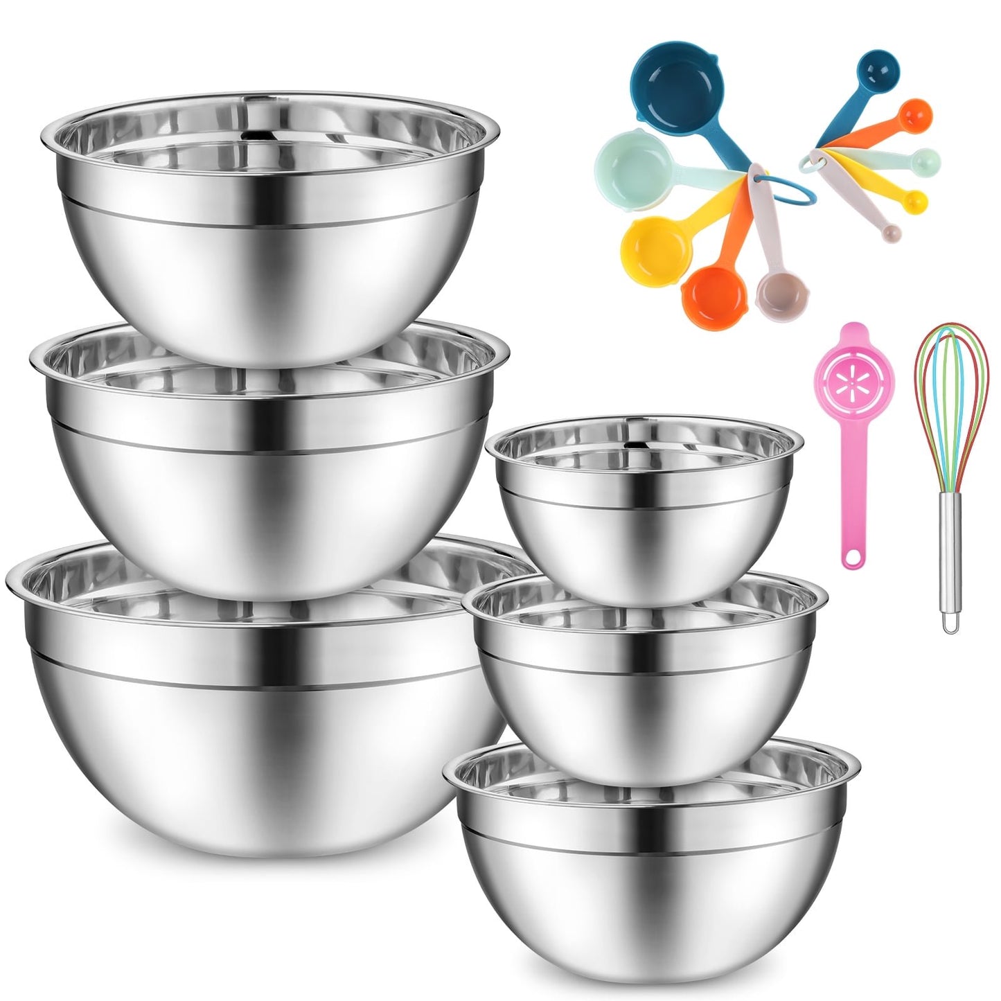 Vesteel 18PCS Mixing Bowls Set, Stainless Steel Prep Bowl Nesting Salad Bowls Attach Kitchen Accessories for Mixing Cooking Baking, Size 4.6/2.6/2/1.5/1/0.7 QT, Khaki