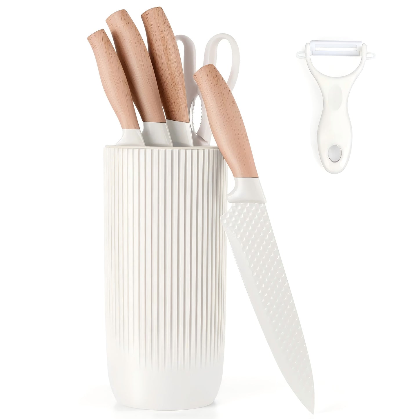 Vesteel Kitchen Knife Set of 7, Professional Stainless Steel Knives Set for Kitchen with Universal Knife Block - White