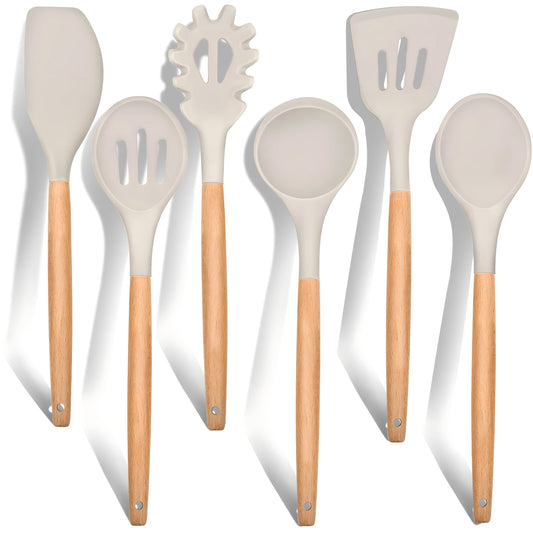 Vesteel Kitchen Utensils Set of 6, Silicone Cooking Utensils with Wooden Handle, Non-Stick Cookware & Heat Resistant, Includes Spatula/Ladle/Slotted Turner/Serving Spoon/Spaghetti Server (Khaki)