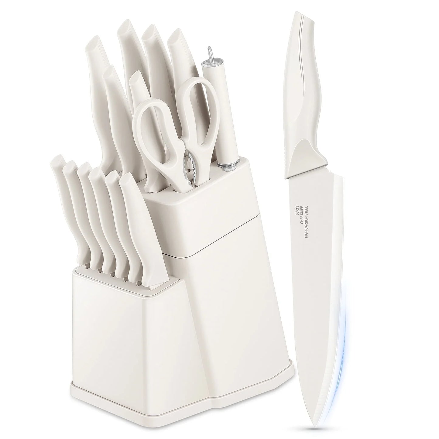 Vesteel Knife Set for Kitchen with Block, 15 Pcs Stainless Steel Kitchen Knife Set with Self Sharpening - White