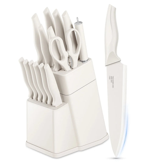 Vesteel Knife Set for Kitchen with Block, 15 Pcs Stainless Steel Kitchen Knife Set with Self Sharpening - White