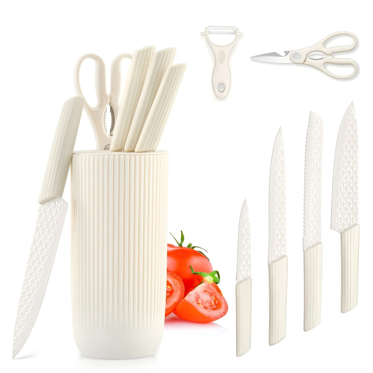 Vesteel 7-Piece Kitchen Knife Set, Professional Stainless Steel Knives Block Set with Healthy Anti-Rust Coating - White