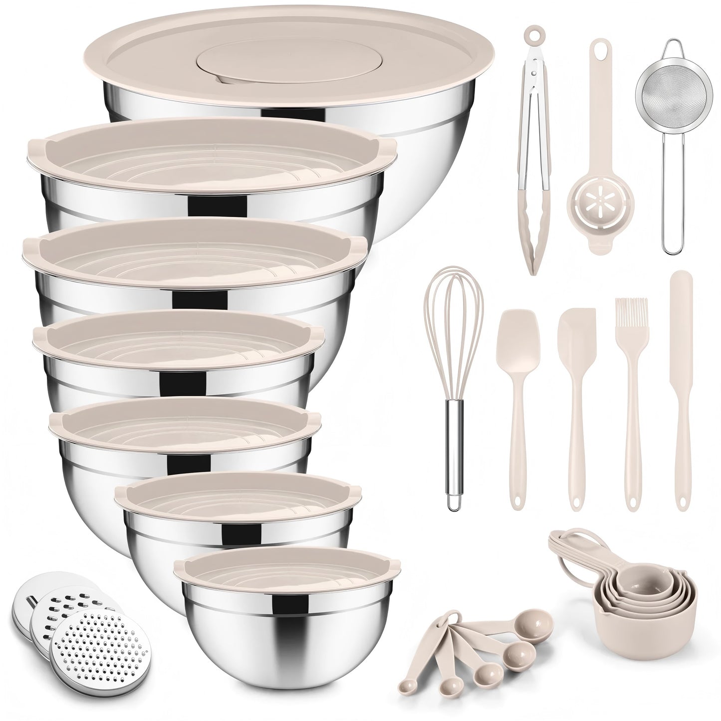 Vesteel 35PCS Mixing Bowls with Lids Set, Stainless Steel Nesting Salad Prep Bowls Attach with 3 Graters & Kitchen Utensils for Mixing Serving Grating, Size 4.5/3.5/3/2.5/1.5/1.2/0.7 QT, Khaki