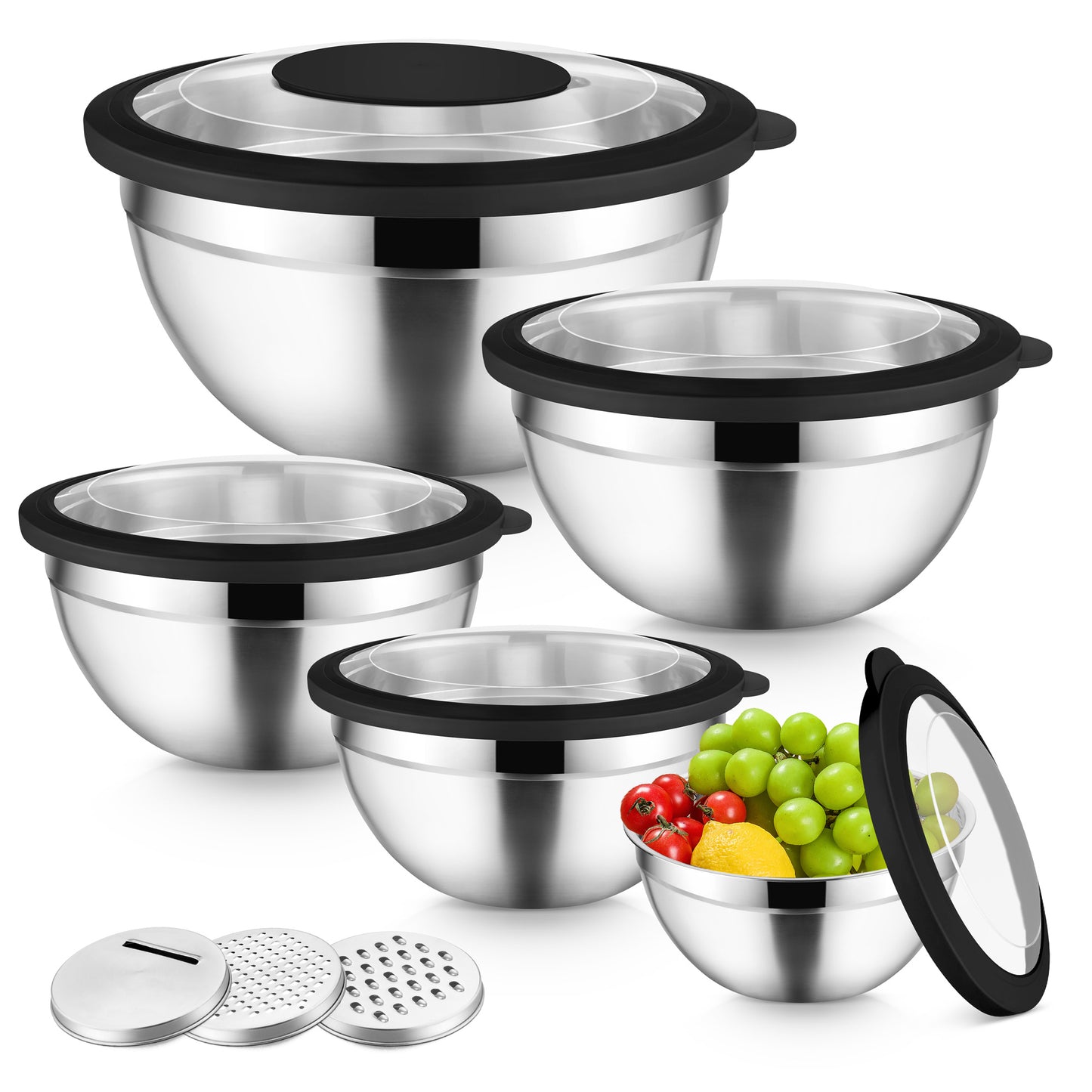 Vesteel Mixing Bowls with Lids Set of 5, Stainless Steel Prep Bowls with Upgraded Airtight Visible Lid, Metal Nesting Bowl Attach with 3 Graters for Kitchen Grating/ Shredding / Mixing - Black