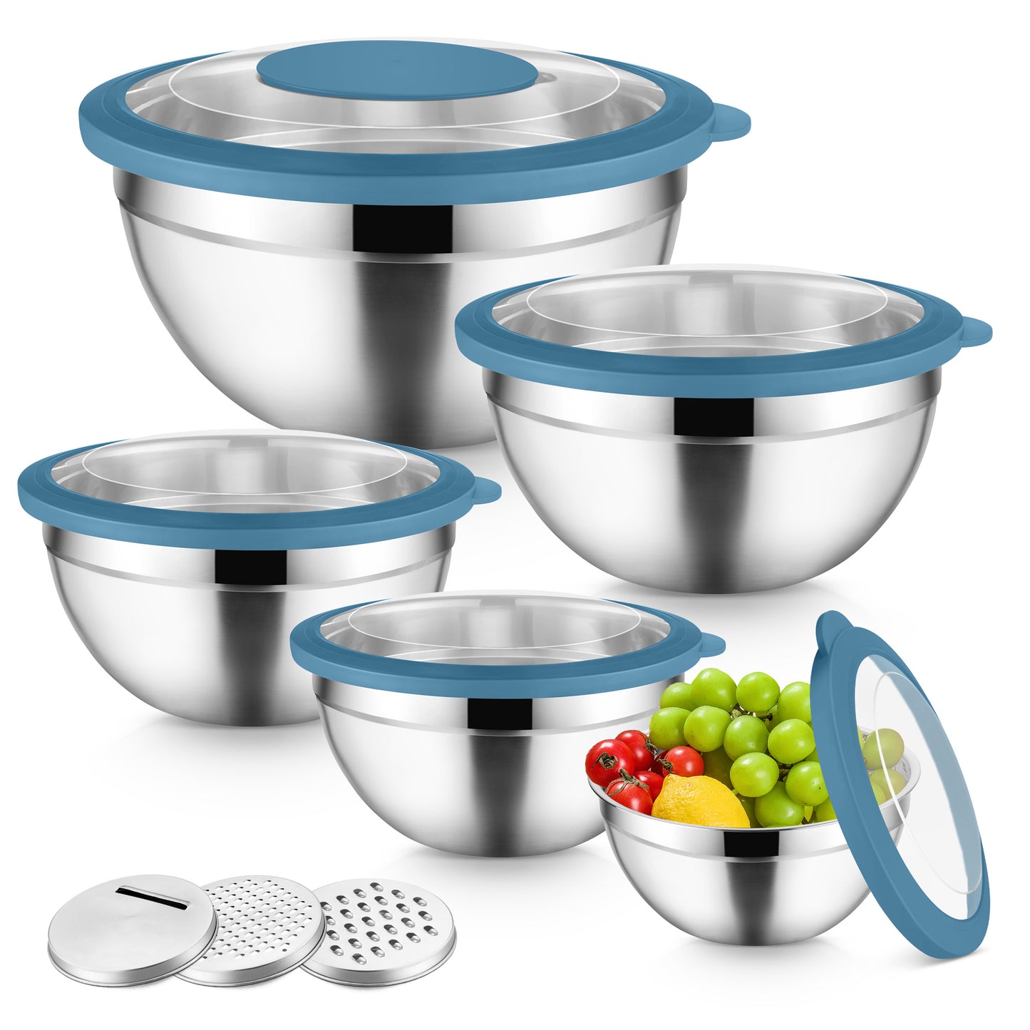 Vesteel Mixing Bowls with Lids Set of 5, Stainless Steel Prep Bowls with Upgraded Airtight Visible Lid, Metal Nesting Bowl Attach with 3 Graters for Kitchen Grating/ Shredding / Mixing - Blue