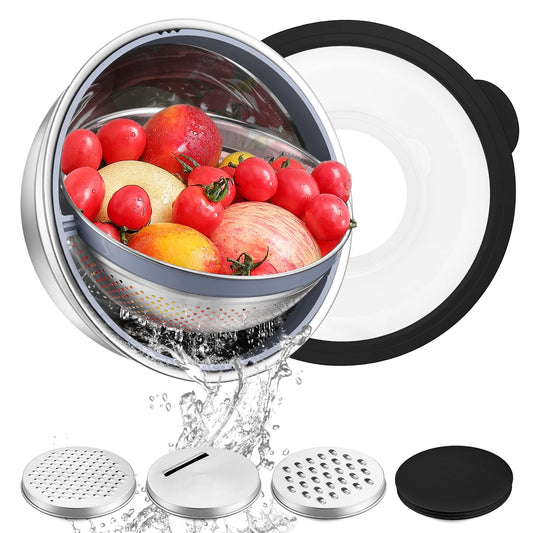 Vesteel Colander with Mixing Bowl Set, 4 in 1 Stainless Steel Food Strainer with Airtight Visible Lid and 3 Graters, Multifunctional Kitchen Prep Bowls for Washing/Draining/Mixing/ Grating - Black