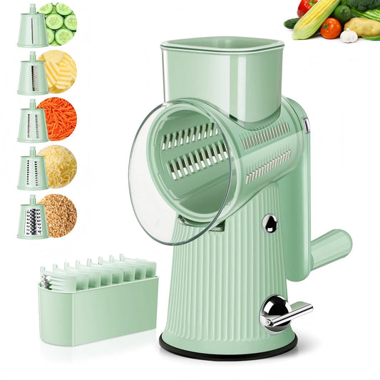 Vesteel Rotary Cheese Grater, Multi-Purpose Vegetable Chopper Rotating Grater with Handle, Kitchen Mandoline Veggies Slicer Cheese Shredder with Reinforced Suction & 5 Interchangeable Blades - Green