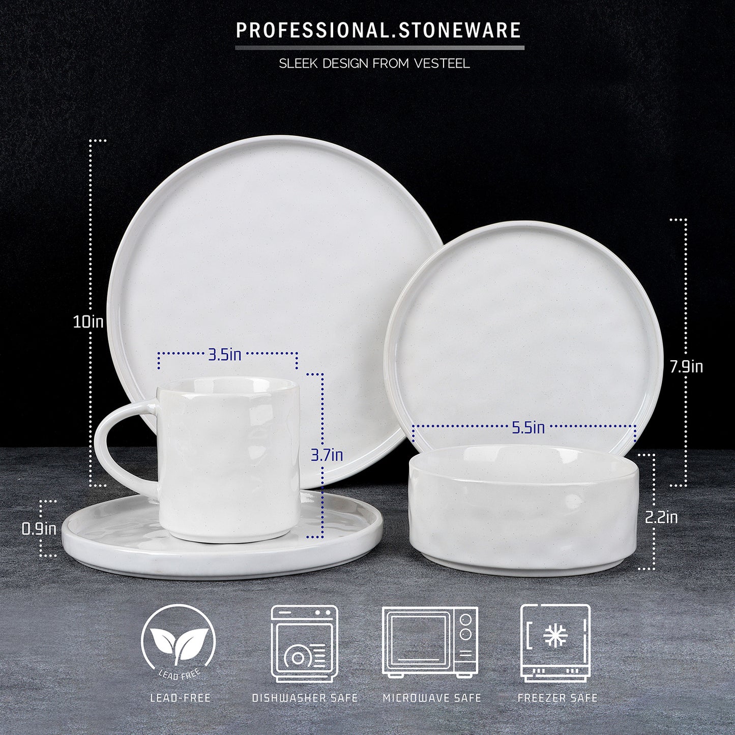 Vesteel Dinnerware Sets, 16-Piece Stoneware Plates and Bowls Set, Dishes Set for 4, Elegant Ceramic Dinnerware for Home Restaurant - Luna White