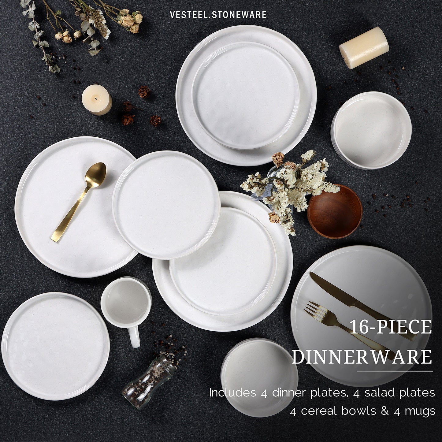 Vesteel Dinnerware Sets, 16-Piece Stoneware Plates and Bowls Set, Dishes Set for 4, Elegant Ceramic Dinnerware for Home Restaurant - Luna White