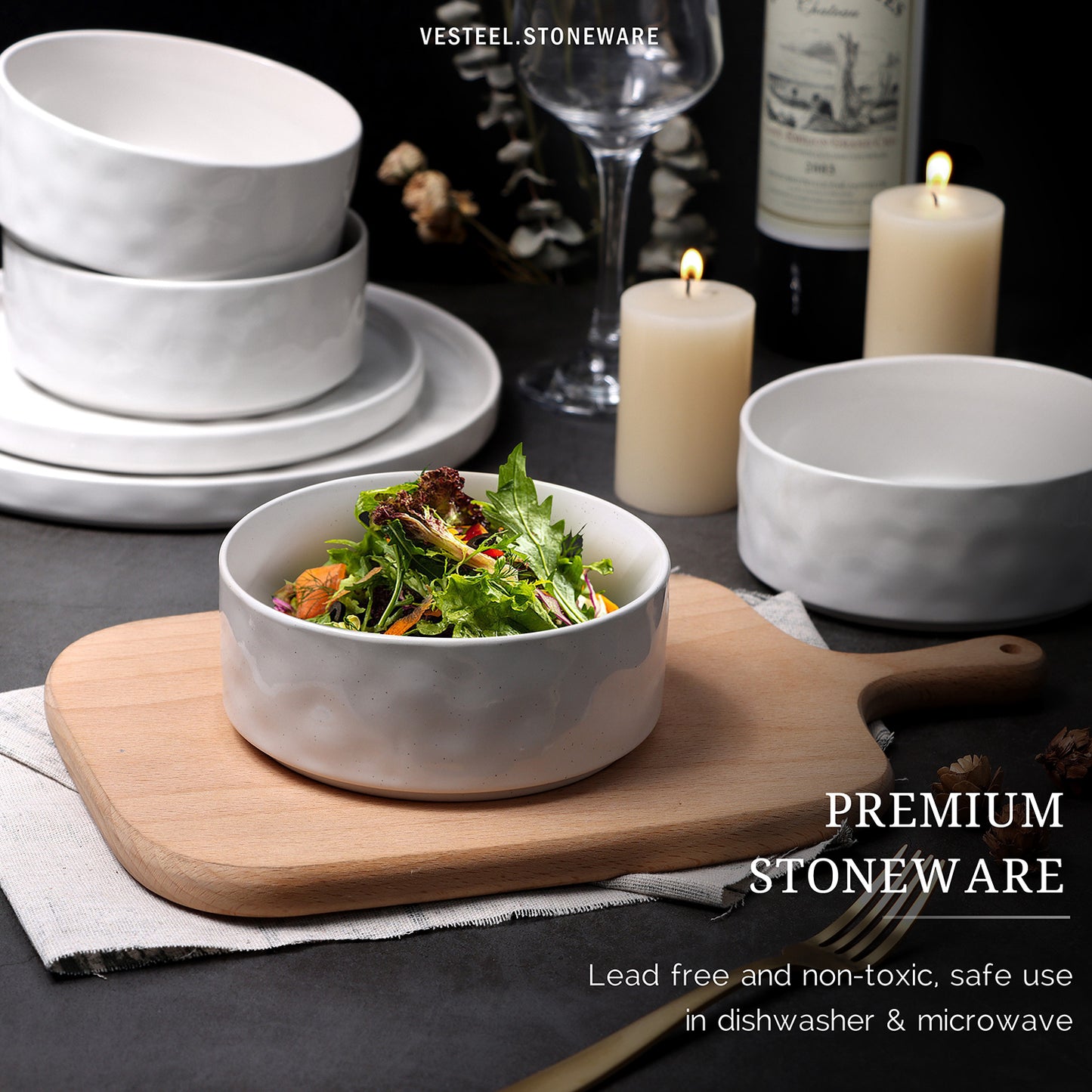 Vesteel Dinnerware Sets, 16-Piece Stoneware Plates and Bowls Set, Dishes Set for 4, Elegant Ceramic Dinnerware for Home Restaurant - Luna White
