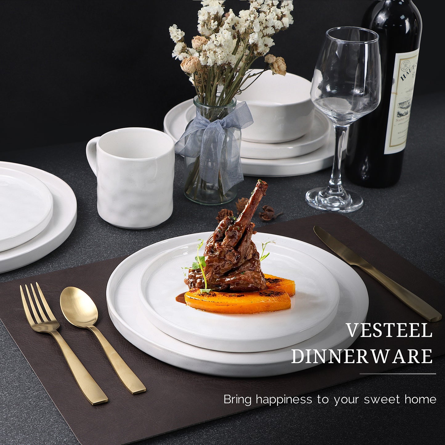 Vesteel Dinnerware Sets, 16-Piece Stoneware Plates and Bowls Set, Dishes Set for 4, Elegant Ceramic Dinnerware for Home Restaurant - Luna White