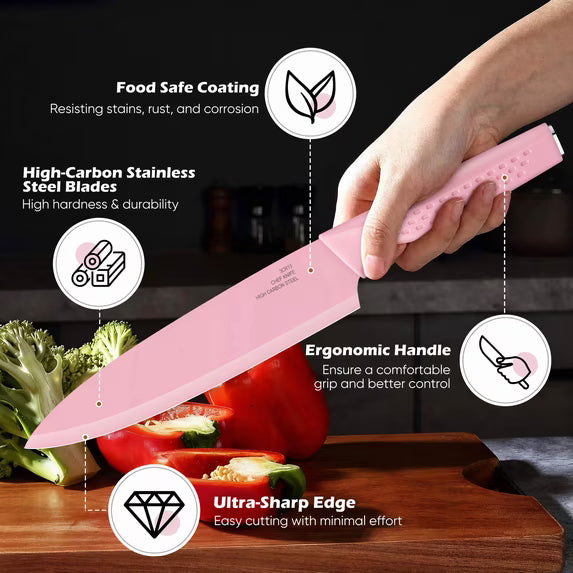 Vesteel Knife Block Set for Kitchen, 15-Piece High Carbon Stainless Steel Knives Set with Ergonomic Handle, Ultra-sharp & Rust Resistant, Pink