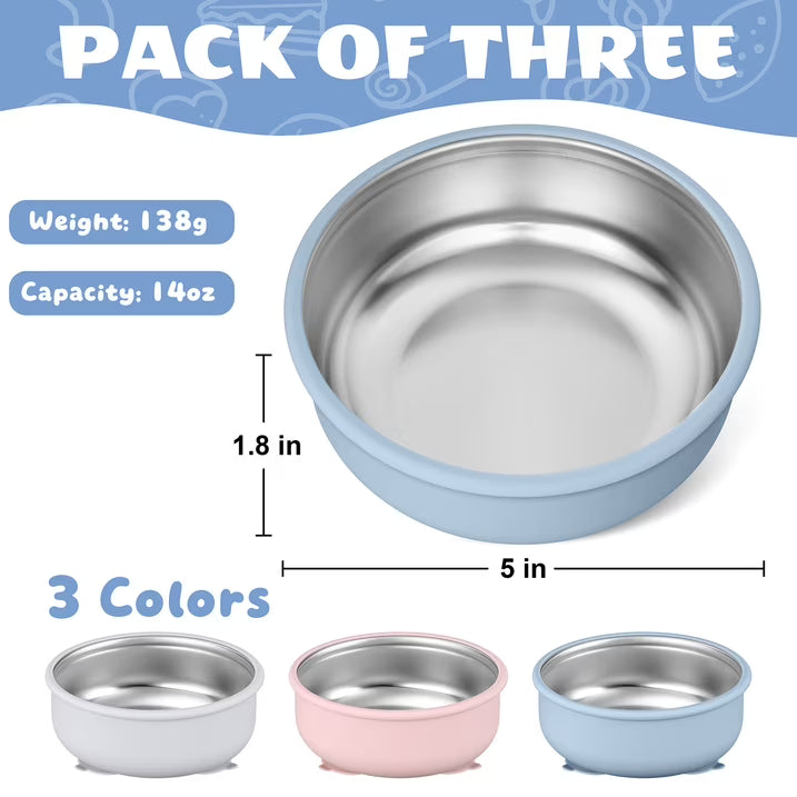 Vesteel Stainless Steel Kids Bowls with Suction, 3-Piece Suction Plates & Bowls for Toddlers, Removable Silicone Shell & Dishwasher Safe, Blue/Pink/Grey