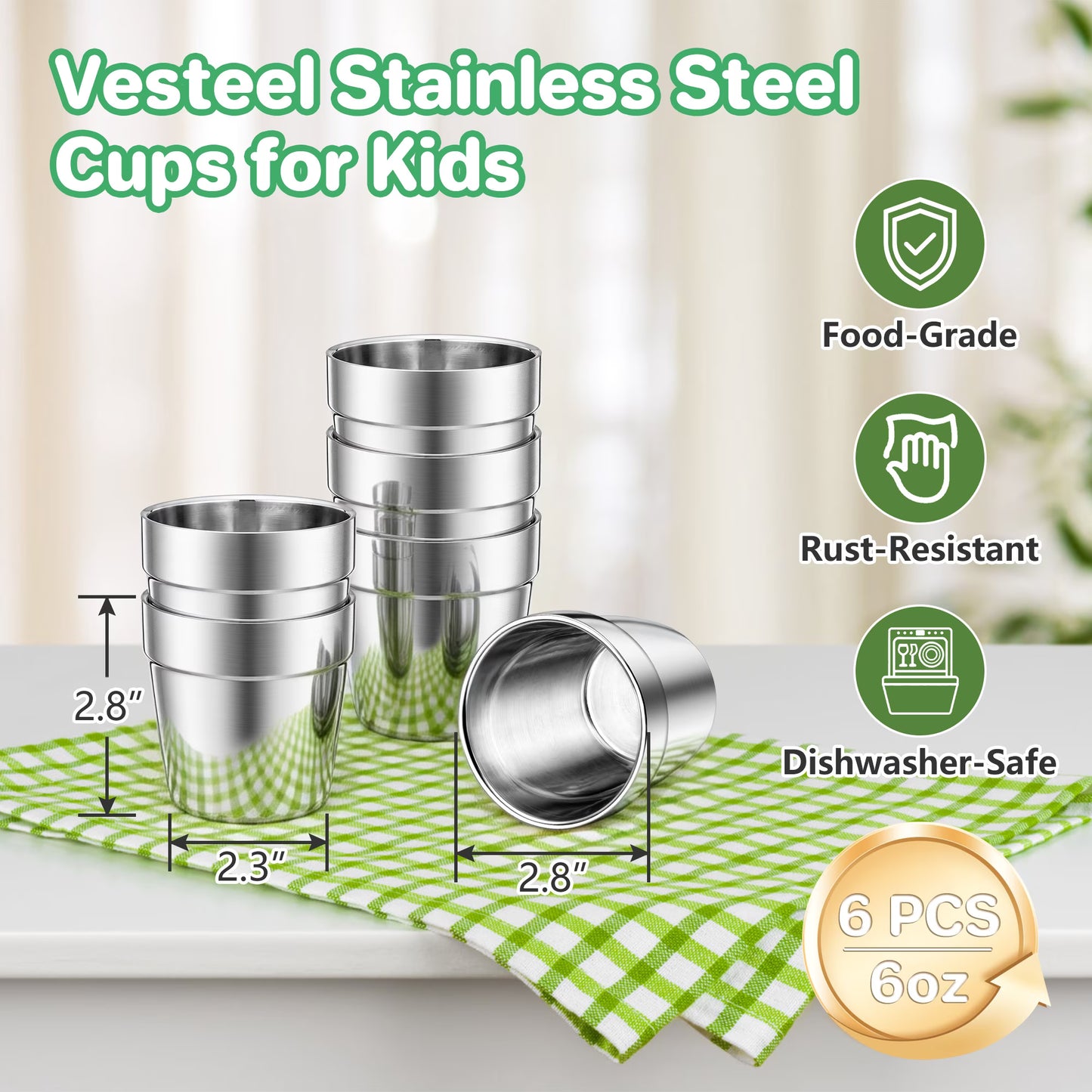 Vesteel 6 Pieces Stainless Steel Cups for Kids, 6 oz Double Wall Metal Drinking Cups, Stackable Tumbler Glasses for Home Restaurant Camping, Mirror Polished & Dishwasher Safe