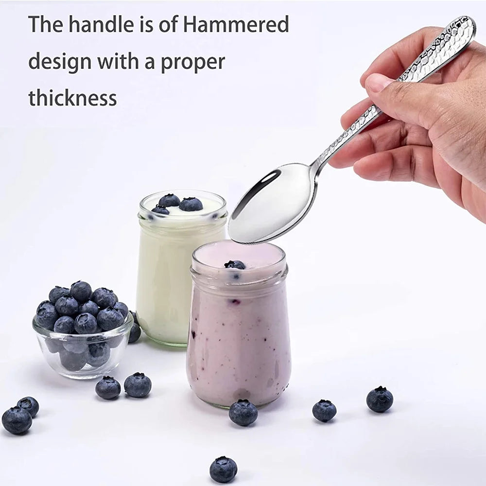 VeSteel Stainless Steel Teaspoons Set of 12, Modern Hammered Silverware Flatware Dessert Spoons for Home, Kitchen, Restaurant, Round Edge & Mirror Polished, Dishwasher Safe - 6.7 Inches