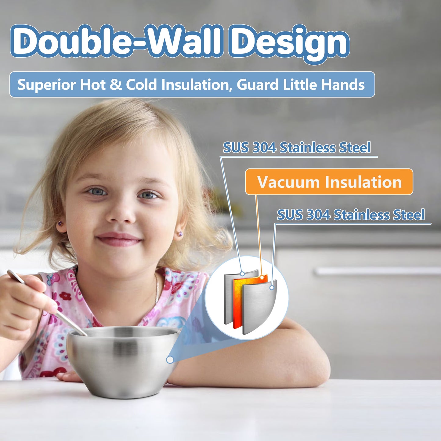 Vesteel 4-Pack Stainless Steel Kids Bowls, 12 oz Double-walled Toddlers Bowls, Insulated Metal Bowls for Dinner Lunch, Cereal, Snacks, Soup, Dishwasher Safe