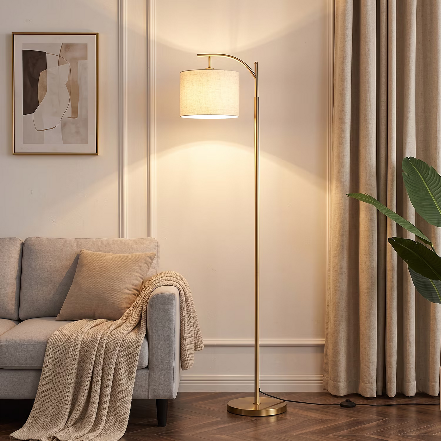 Vesteel Floor Lamp, Standing Lamp with 3 Color Temperatures & Linen Lampshade, Arch Farmhouse Lamp for Living Room Bedroom Office