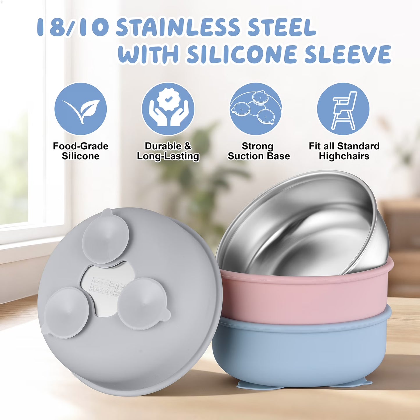 Vesteel Stainless Steel Kids Bowls with Suction, 3-Piece Suction Plates & Bowls for Toddlers, Removable Silicone Shell & Dishwasher Safe, Blue/Pink/Grey