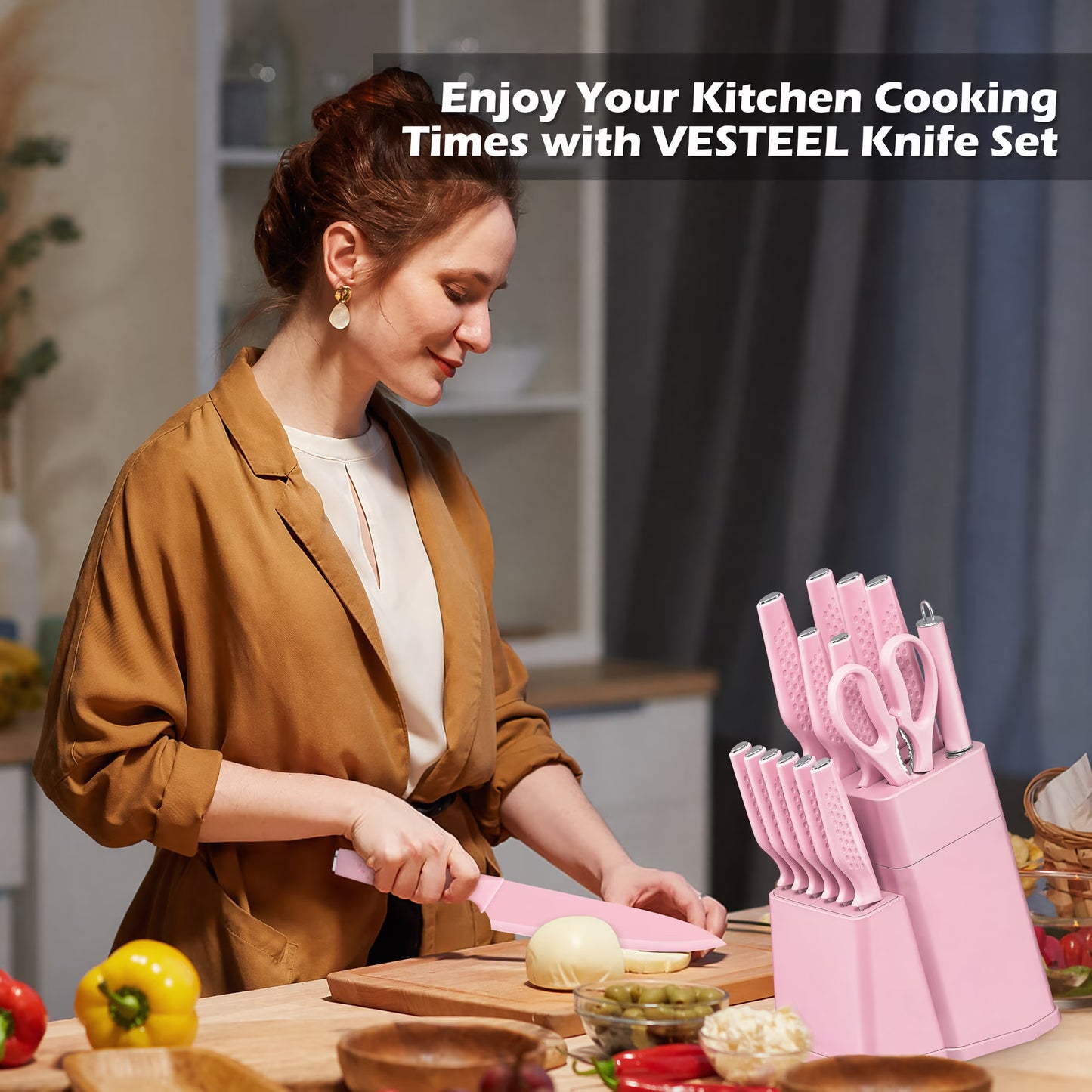 Vesteel Knife Block Set for Kitchen, 15-Piece High Carbon Stainless Steel Knives Set with Ergonomic Handle, Ultra-sharp & Rust Resistant, Pink