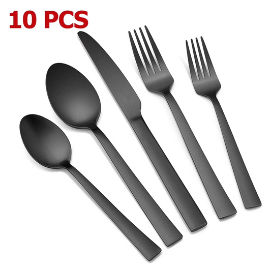 VeSteel 10-Piece Matte Black Silverware Set, Stainless Steel Flatware Set Service for 2, Metal Cutlery Eating Utensils Tableware Includes Forks/Spoons/Knives