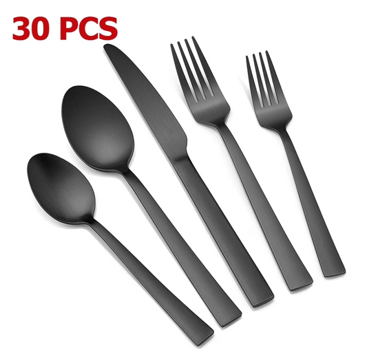 VeSteel 30 Piece Matte Black Silverware Set, Stainless Steel Flatware Set Service for 6, Metal Cutlery Eating Utensils Tableware Includes Forks/Spoons/Knives