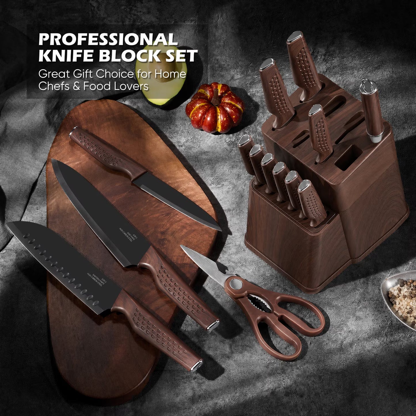 Vesteel Knife Block Set for Kitchen, 15-Piece High Carbon Stainless Steel Knives Set with Ergonomic Handle, Ultra-sharp & Rust Resistant, Walnut Brown