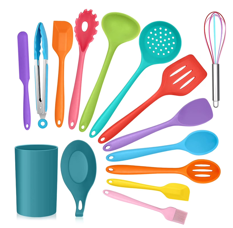 Vesteel 15 Piece Kitchen Utensils Set, Silicone Cooking Utensils with Holder, Non-Stick Cookware Friendly & Heat Resistant - Colorful