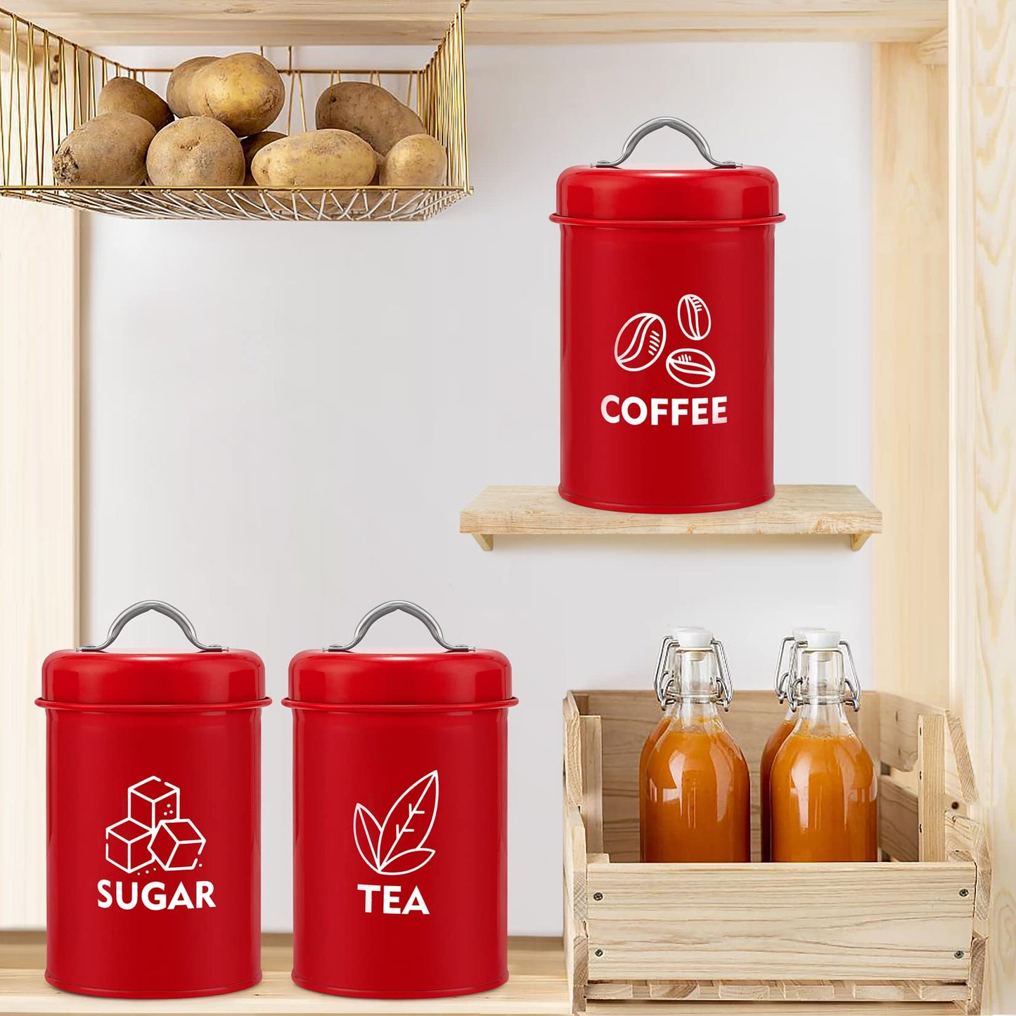 Vesteel 3 Piece Kitchen Canisters for Kitchen Counter, Sugar Tea Coffee Kitchen Canister Set Food Storage Jars with Bamboo Lids - Red