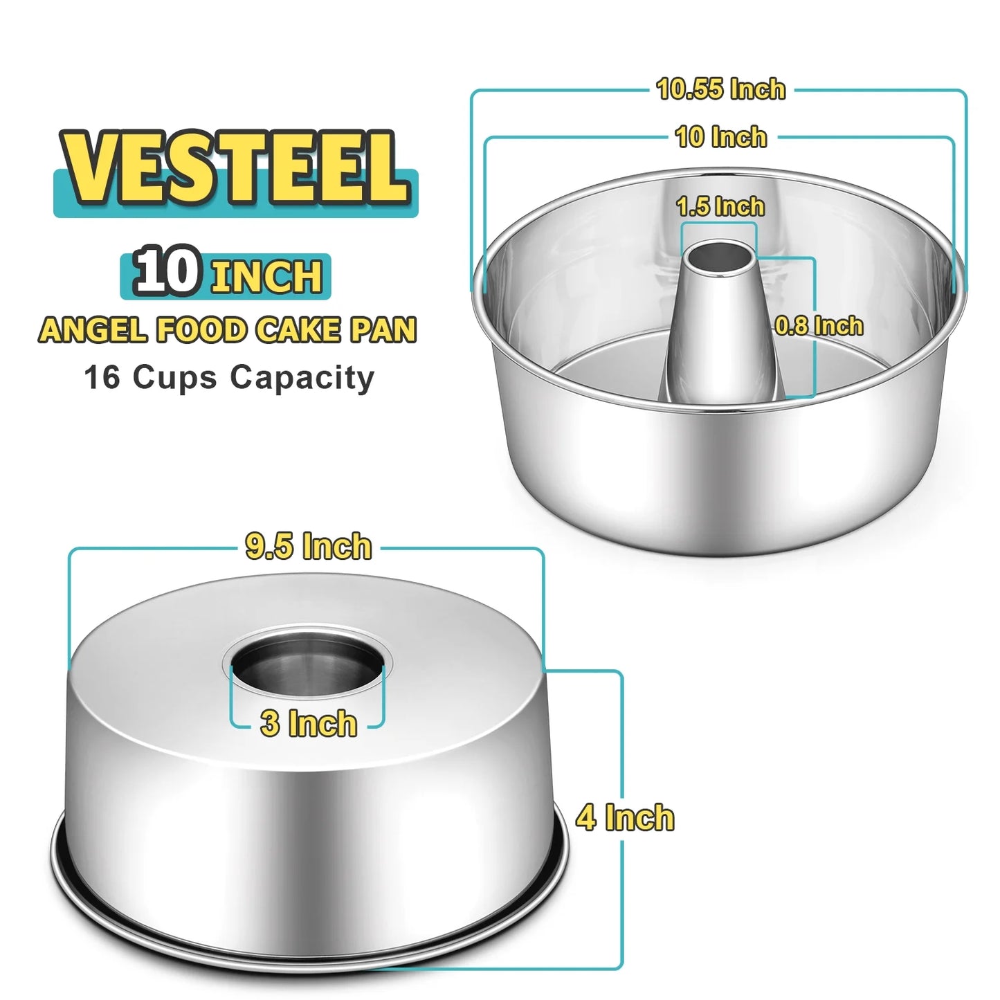 Vesteel 10 inch Angel Food Cake Pan, Stainless Steel Pound Cake Mold with Tube 16 Cups Tube Pan, Non-toxic & One-Piece Design