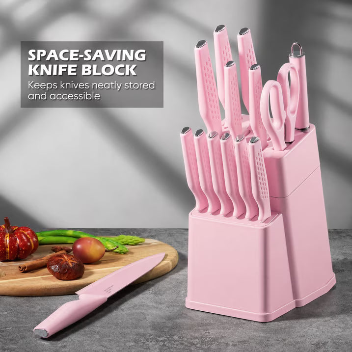 Vesteel Knife Block Set for Kitchen, 15-Piece High Carbon Stainless Steel Knives Set with Ergonomic Handle, Ultra-sharp & Rust Resistant, Pink