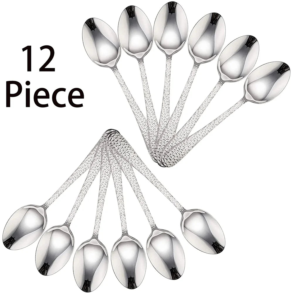 VeSteel Stainless Steel Teaspoons Set of 12, Modern Hammered Silverware Flatware Dessert Spoons for Home, Kitchen, Restaurant, Round Edge & Mirror Polished, Dishwasher Safe - 6.7 Inches