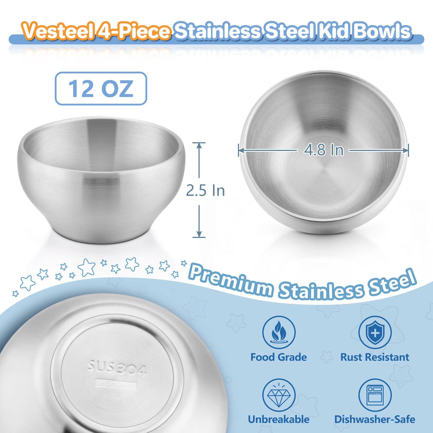 Vesteel 4-Pack Stainless Steel Kids Bowls, 12 oz Double-walled Toddlers Bowls, Insulated Metal Bowls for Dinner Lunch, Cereal, Snacks, Soup, Dishwasher Safe