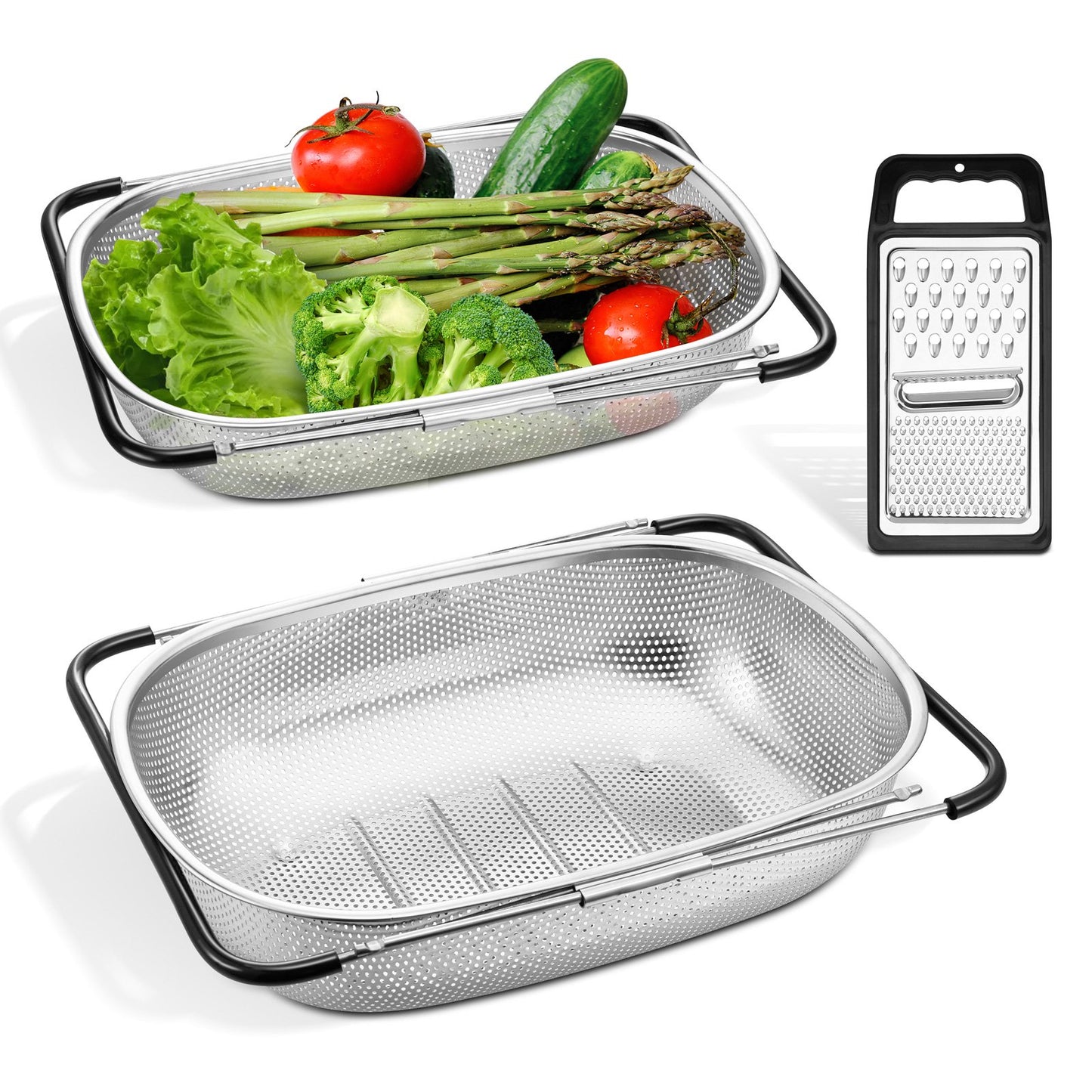 Vesteel Over the Sink Colander, 6 Quart and 8 Quart Stainless Steel Strainer Basket with Extendable Rubber Grip Handles for Kitchen Sink, with Cheese Grater Handheld