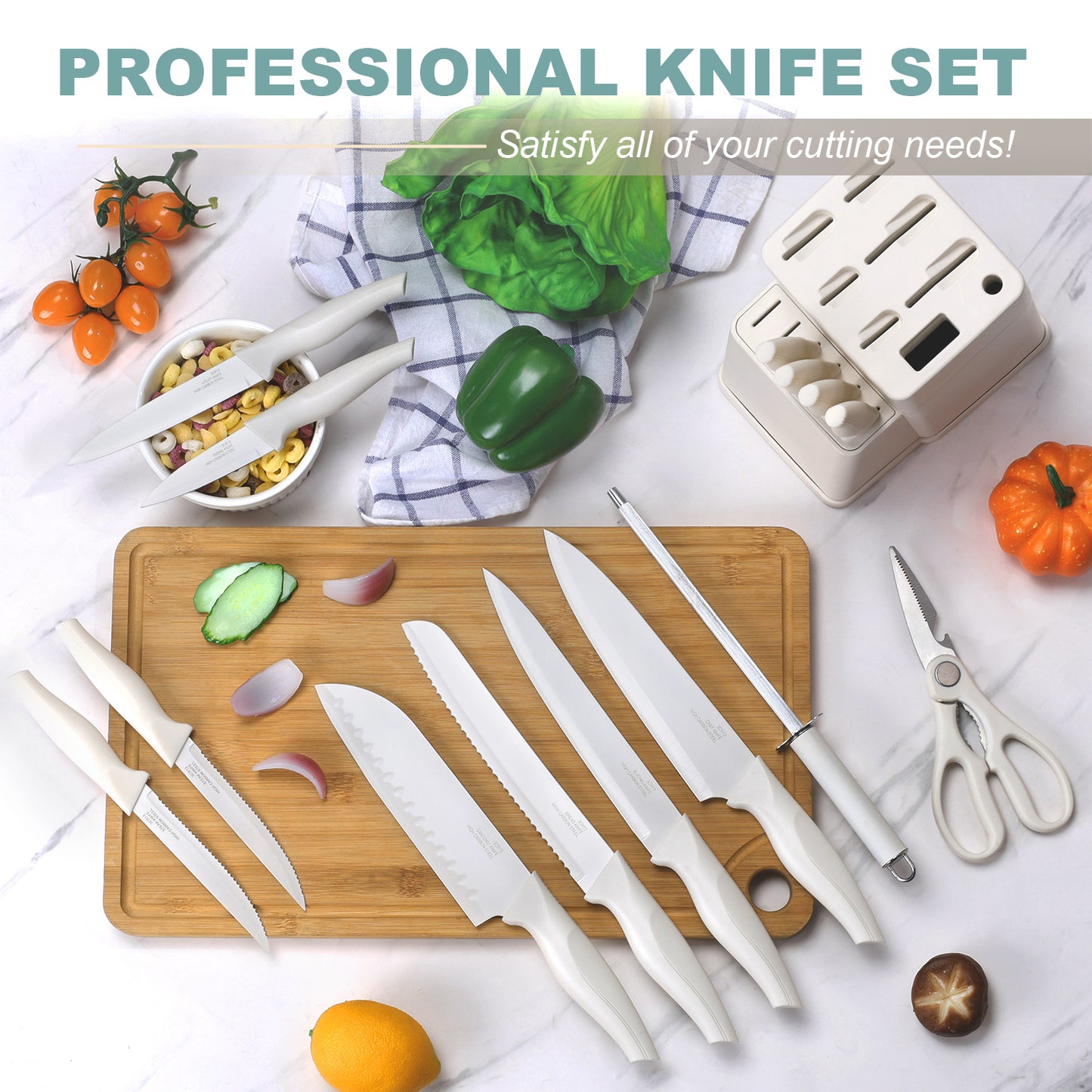 Vesteel Knife Set for Kitchen with Block, 15 Pcs Stainless Steel Kitchen Knife Set with Self Sharpening - White