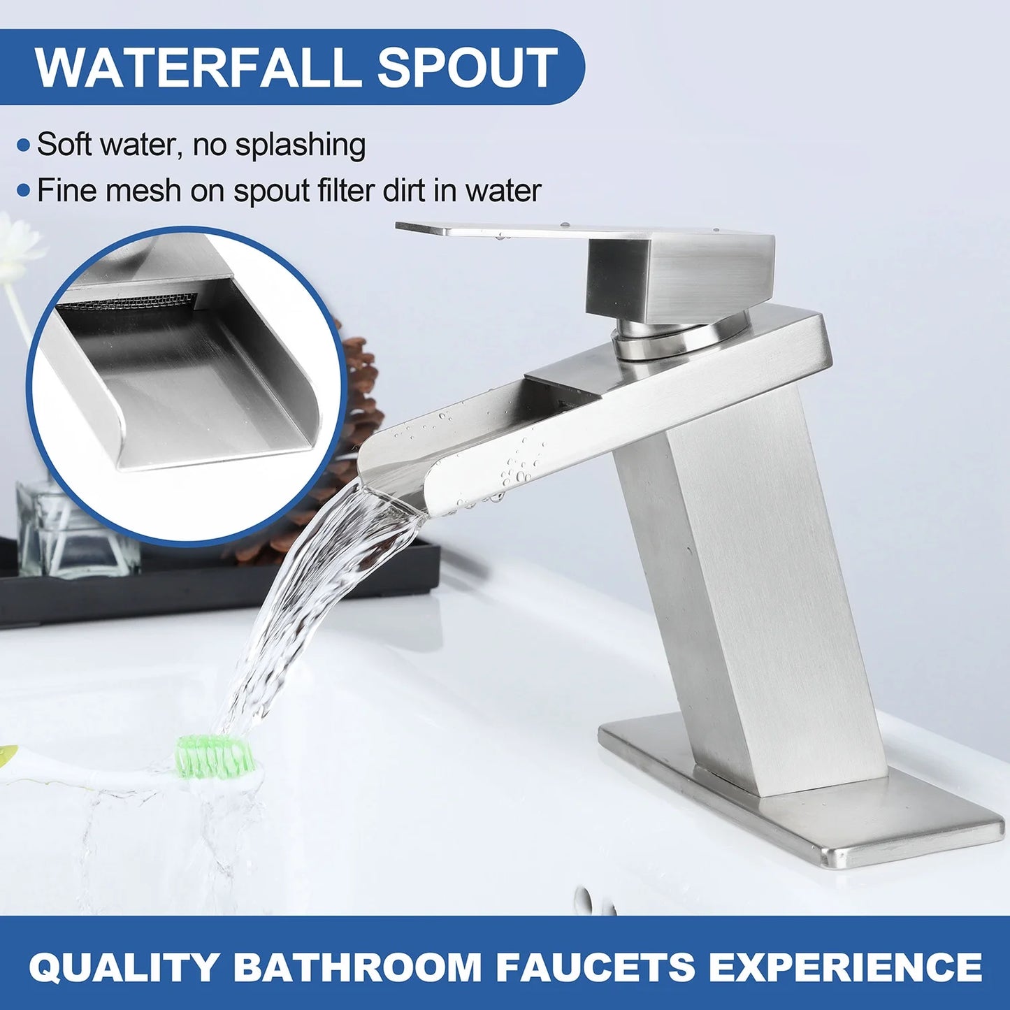 Vesteel Bathroom Faucet, Modern Waterfall Spout Bathroom Sink Faucet for 1 & 3 Holes Sink, Single Handle Faucet with Metal Deck Plate and Pop-up Drain