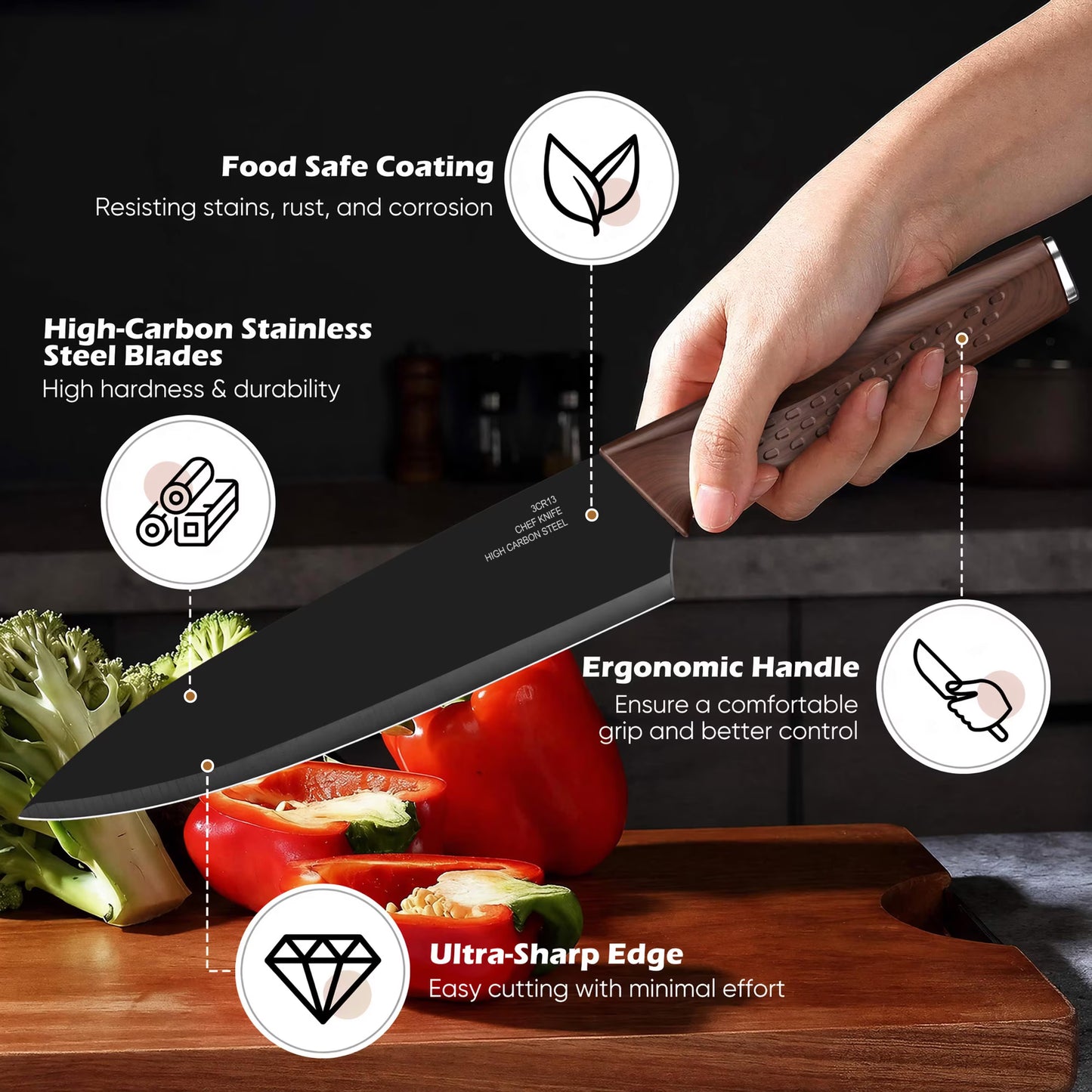 Vesteel Knife Block Set for Kitchen, 15-Piece High Carbon Stainless Steel Knives Set with Ergonomic Handle, Ultra-sharp & Rust Resistant, Walnut Brown