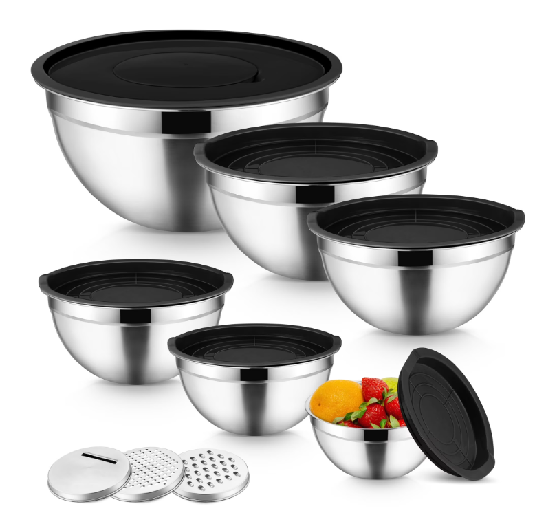 Mixing Bowls with Lids Set of 9, Vesteel Stainless Steel Mixing Bowls Metal Nesting Salad Bowls Attach with 3 Graters for Kitchen Grating/ Shredding, Size 4.6, 2.6, 2, 1.5, 1, 0.7 QT - Black