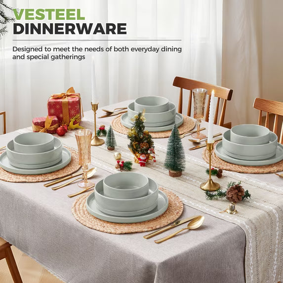 Vesteel 16 Pieces Dinnerware Sets, Premium Stoneware Dishes Set for 4, Speckled Plates and Bowls Set for Home Restaurant, Microwave and Dishwasher Safe - Light Green