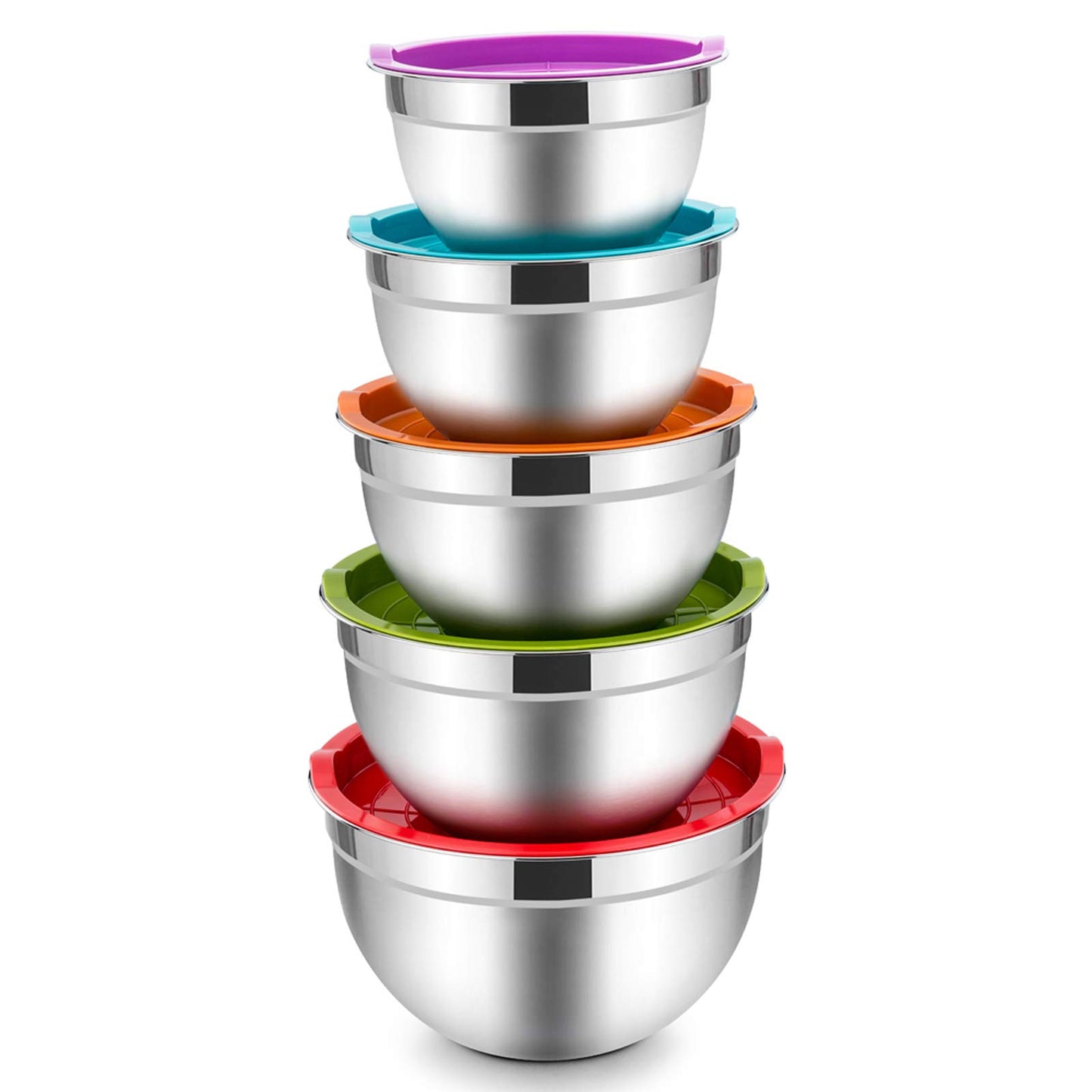 Mixing Bowls with Lids Set of 5, Vesteel Stainless Steel Mixing Bowls Metal Nesting Salad Bowls, Size 4.5, 3, 1.5, 1, 0.7 QT Great for Cooking, Baking, Serving - Multi-Color