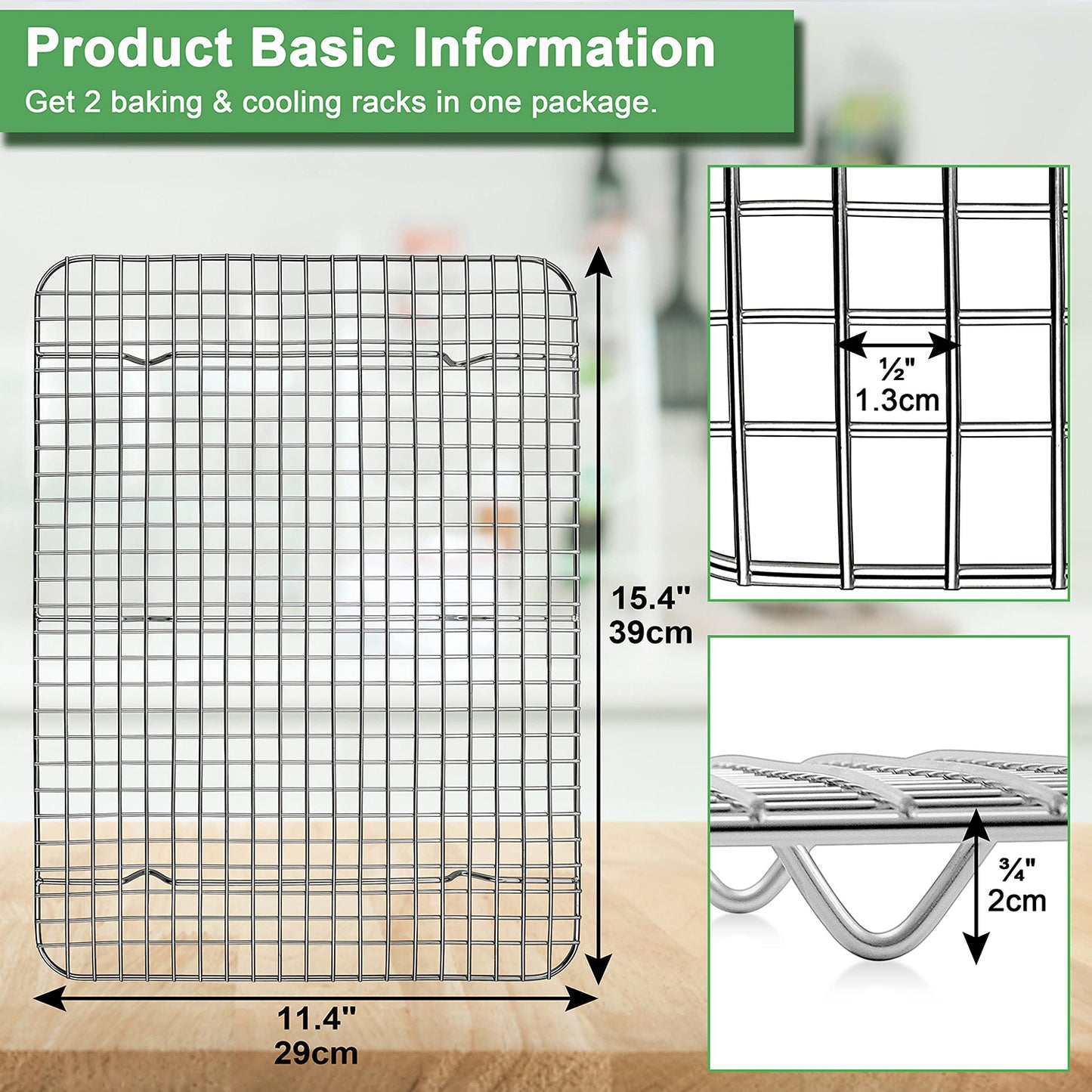 Vesteel 2-Pack Cooling Rack for Baking, Stainless Steel Cookie Rack for Baking Cooking Roasting , 15.4" x 11.4" Grid Wire Rack Fits Baking Sheet Pan, Dishwasher Safe
