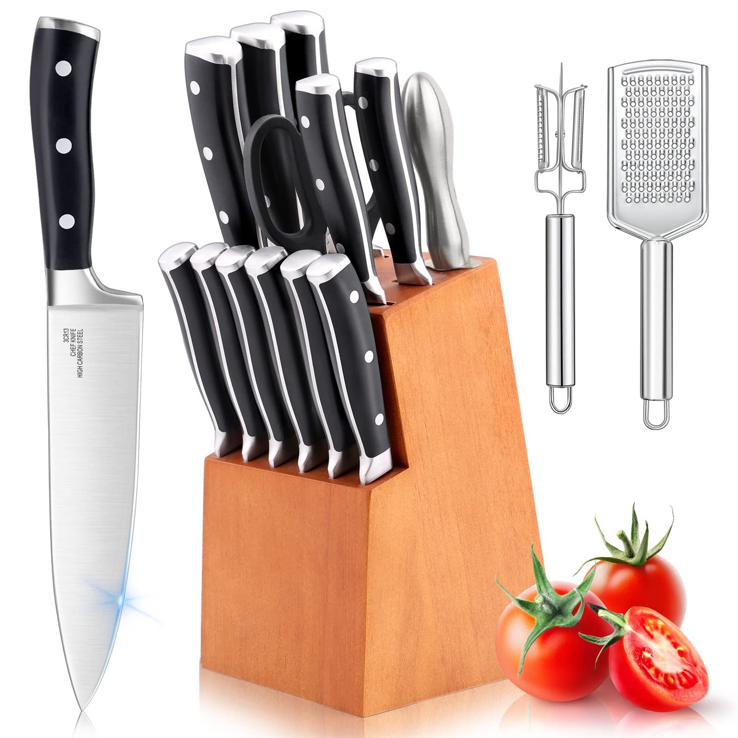 Vesteel Kitchen Knife Set with Block, 16-Piece High Carbon Stainless Steel Knife Block Set Includes Chef Utility Paring Steak Serrated Bread Knife & Sharpener Kitchen Shears, Full Tang