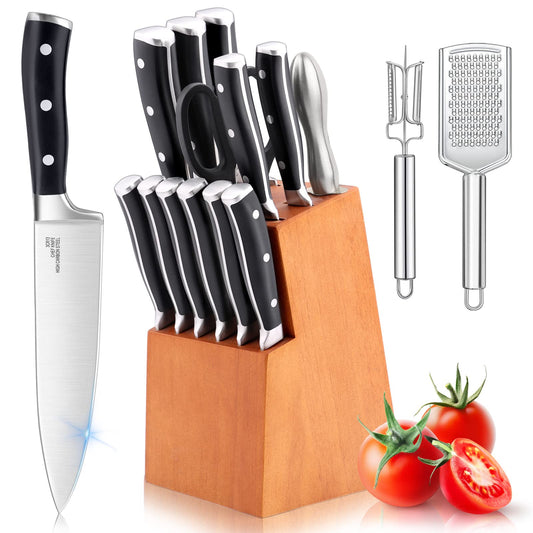 Vesteel Kitchen Knife Set with Block, 16-Piece High Carbon Stainless Steel Knife Block Set Includes Chef Utility Paring Steak Serrated Bread Knife & Sharpener Kitchen Shears, Full Tang