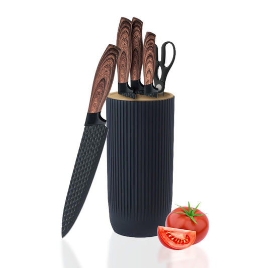 Vesteel Kitchen Knife Set of 7, Professional Stainless Steel Knives Set for Kitchen with Universal Knife Block - Black