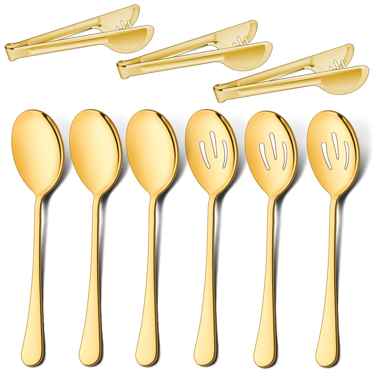 Vesteel 9 Piece Serving Set, 9.8 Inch Stainless Steel Silver Buffet Banquet Catering Serving Spoons Tongs Set, Gold
