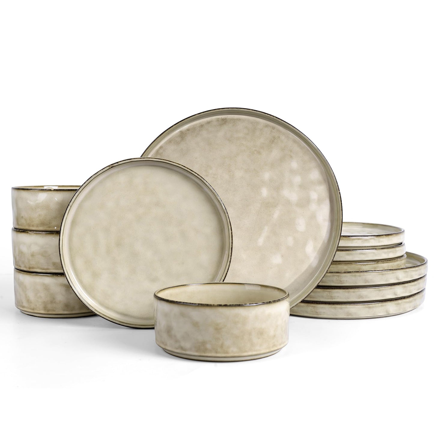 Vesteel 12-Piece Dinnerware Sets, Stoneware Plates and Bowls Set, Dishes Set for 4, Elegant Ceramic Dinnerware for Home Restaurant - Khaki