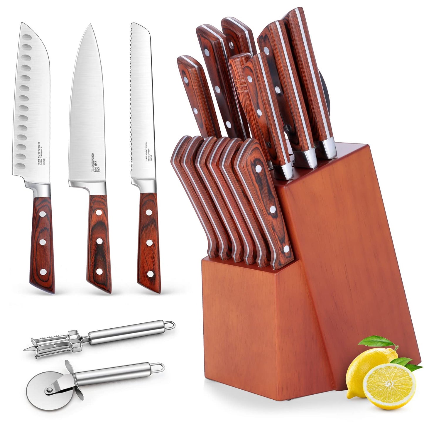 Vesteel Kitchen Knife Block Set, 17-Piece High Carbon Forged Stainless Steel Knife Sets Includes Chef Utility Paring Steak Serrated Bread Santoku Knife Sharpener - Full Tang Design